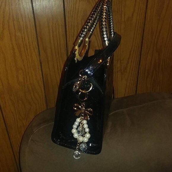 Neiman Marcus Shiny Faux Black Leather Diamond Pattern Top Handle Purse - Picture 4 of 5